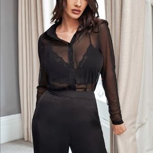 Sheer Mesh Button Down Blouse Without Bra - Black